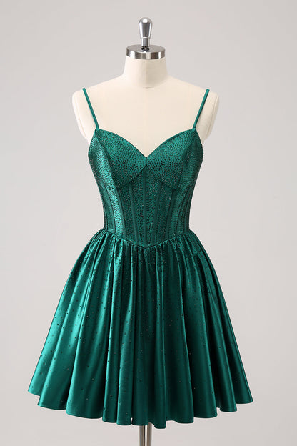 Cute Dark Green A Line Spaghetti Straps Ruffle Corset Short Homecoming Dress with Beading