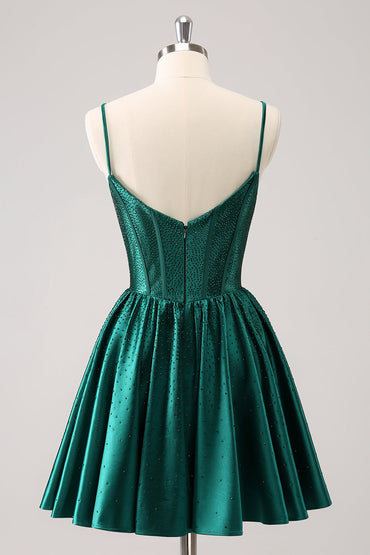 Cute Dark Green A Line Spaghetti Straps Ruffle Corset Short Homecoming Dress with Beading