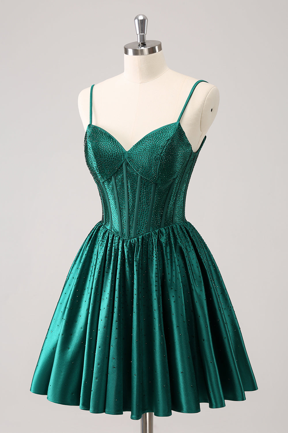 Cute Dark Green A Line Spaghetti Straps Ruffle Corset Short Homecoming Dress with Beading