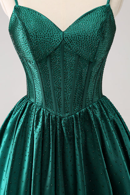 Cute Dark Green A Line Spaghetti Straps Ruffle Corset Short Homecoming Dress with Beading