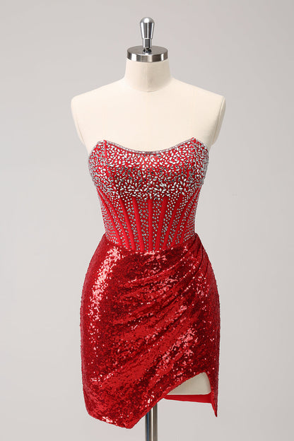 Glitter Red Tight Strapless Sequin Corset Slit Short Homecoming Dress with Beading