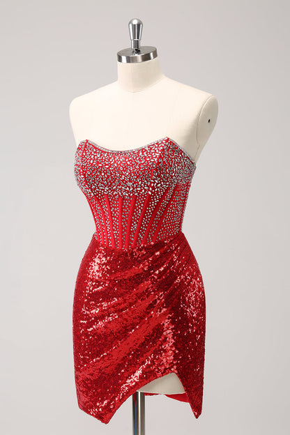 Glitter Red Tight Strapless Sequin Corset Slit Short Homecoming Dress with Beading