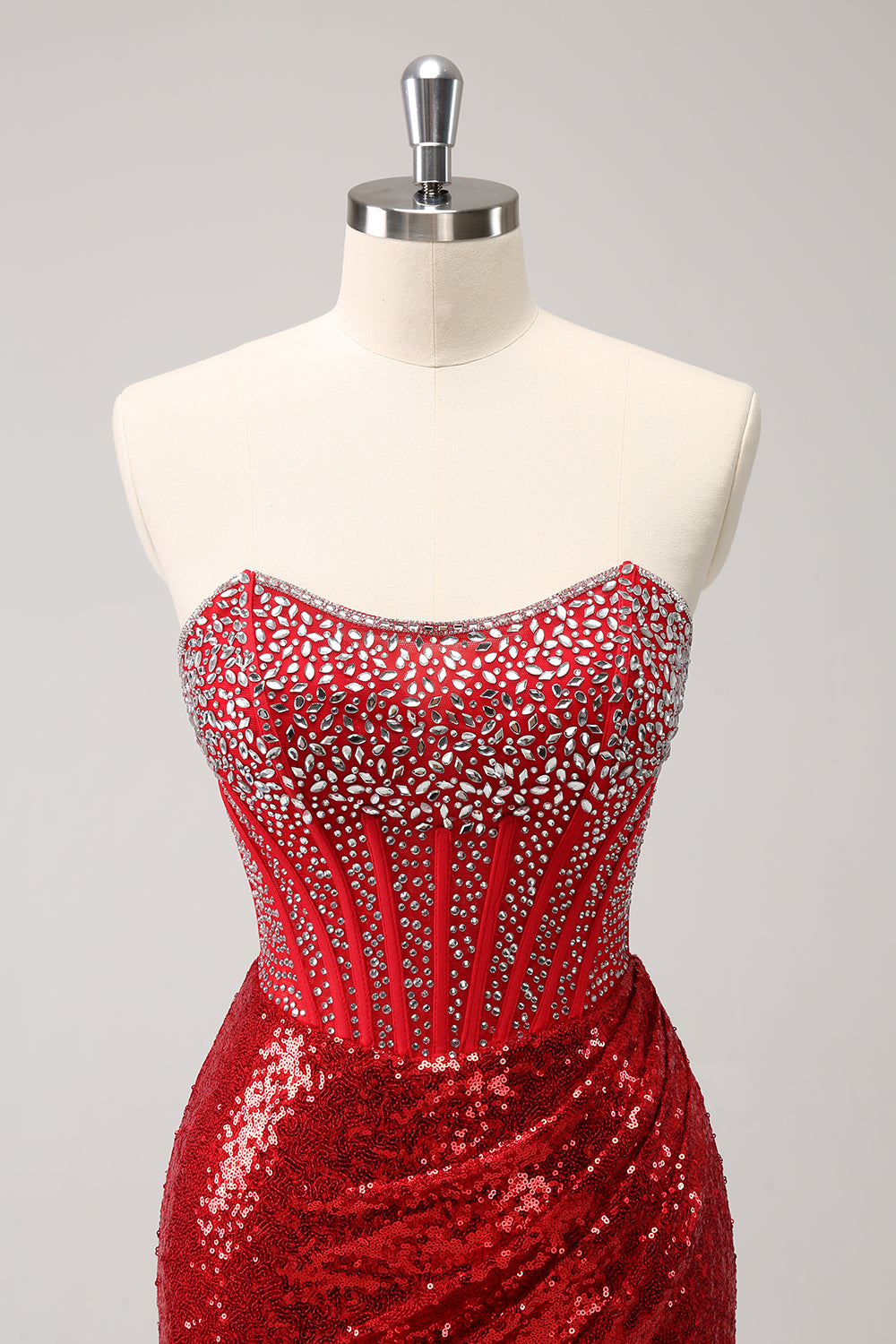 Glitter Red Tight Strapless Sequin Corset Slit Short Homecoming Dress with Beading