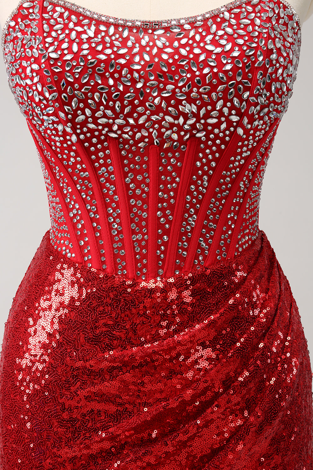 Glitter Red Tight Strapless Sequin Corset Slit Short Homecoming Dress with Beading