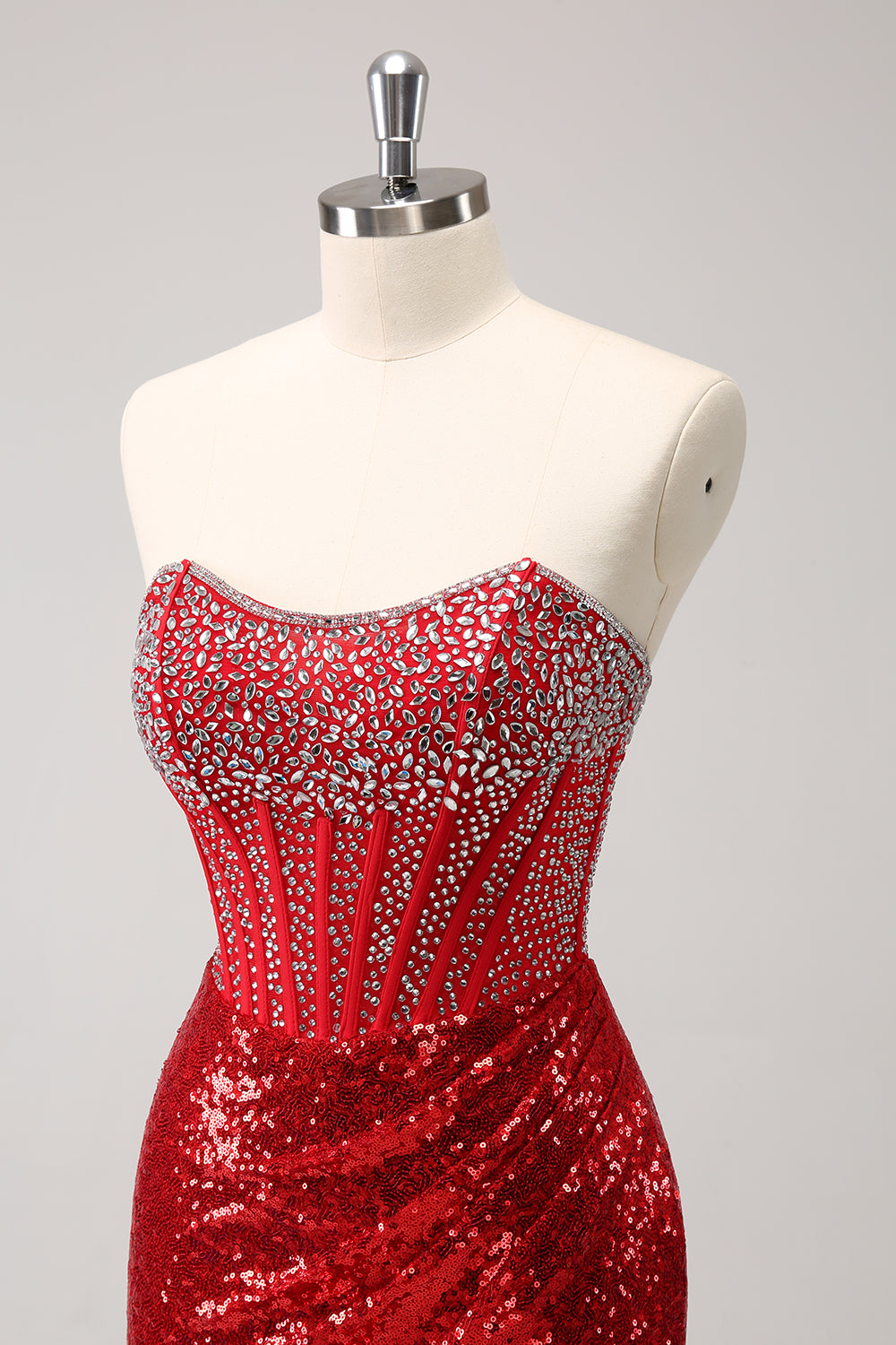 Glitter Red Tight Strapless Sequin Corset Slit Short Homecoming Dress with Beading