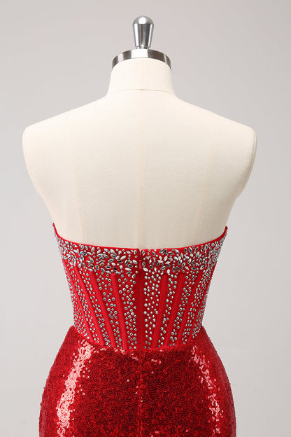 Glitter Red Tight Strapless Sequin Corset Slit Short Homecoming Dress with Beading