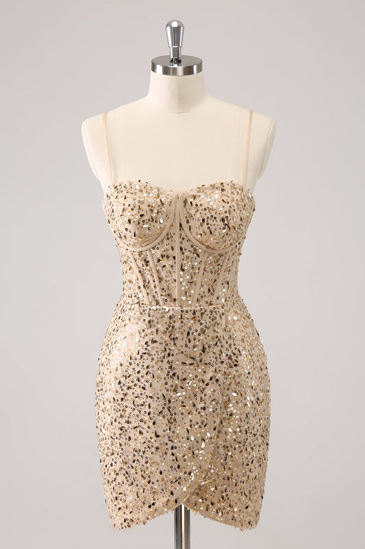 Stylish Golden Bodycon Spaghetti Straps Sequin Short Homecoming Dress