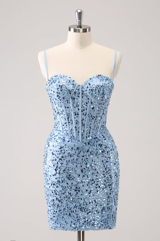 Stylish Blue Bodycon Spaghetti Straps Corset Short Homecoming Dress with Sequins