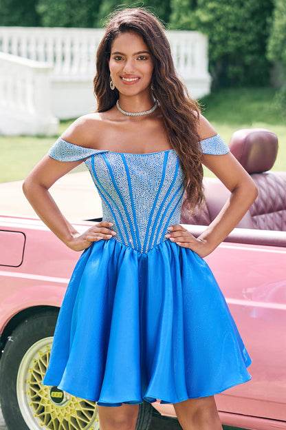 Sparkly Blue A Line Off The Shoulder Corset Short Cute Homecoming Dress with Beading