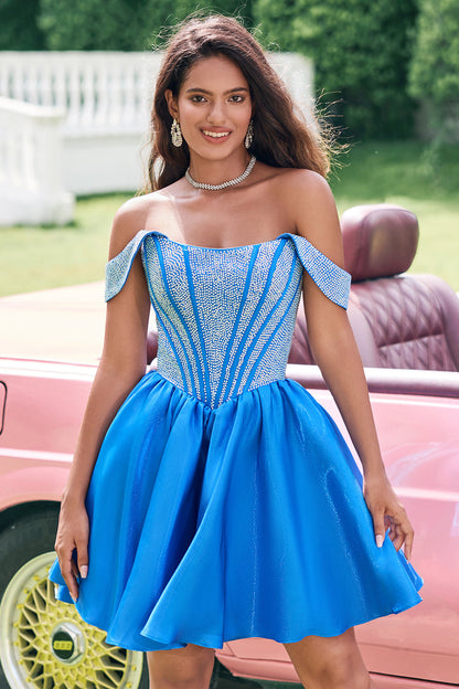 Sparkly Blue A Line Off The Shoulder Corset Short Cute Homecoming Dress with Beading