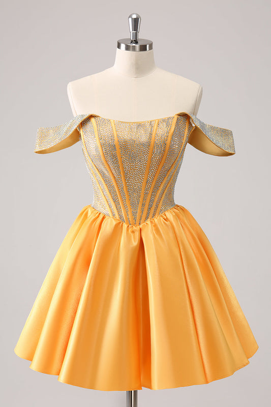 Cute Yellow A Line Off The Shoulder Corset Homecoming Dress with Beading