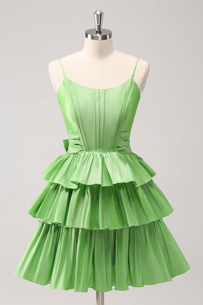 Cute Green A Line Spaghetti Straps Corset Tiered Ruffle Homecoming Dress with Bow