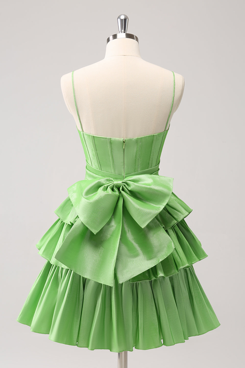 Cute Green A Line Spaghetti Straps Corset Tiered Ruffle Homecoming Dress with Bow