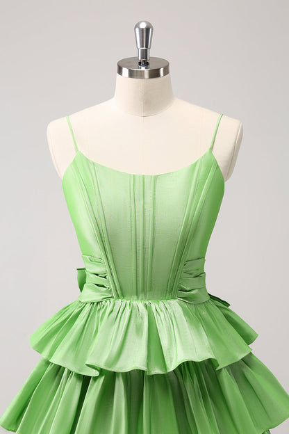 Cute Green A Line Spaghetti Straps Corset Tiered Ruffle Homecoming Dress with Bow