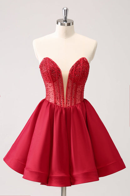 Cute Red A Line Strapless Corset Short Ruffle Homecoming Dress with Beading