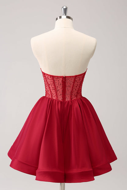 Cute Red A Line Strapless Corset Short Ruffle Homecoming Dress with Beading