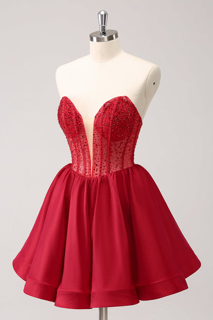 Cute Red A Line Strapless Corset Ruffle Homecoming Dress with Beading