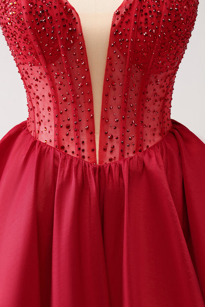 Cute Red A Line Strapless Corset Ruffle Homecoming Dress with Beading