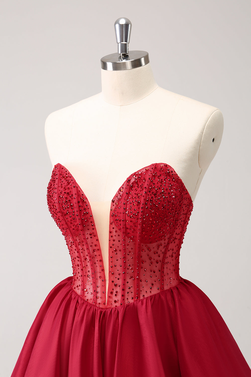 Cute Red A Line Strapless Corset Ruffle Homecoming Dress with Beading