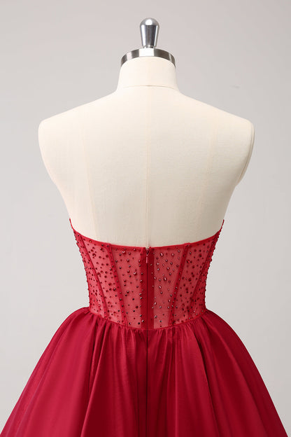 Cute Red A Line Strapless Corset Ruffle Homecoming Dress with Beading