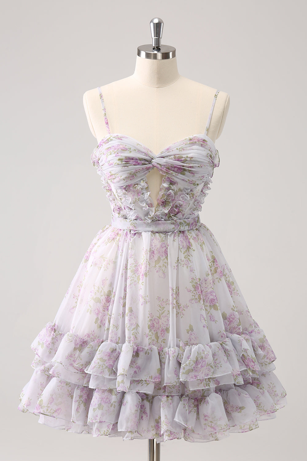 Cute Lilac A Line Cut Out Tiered Print Floral Homecoming Dress with Ruffles