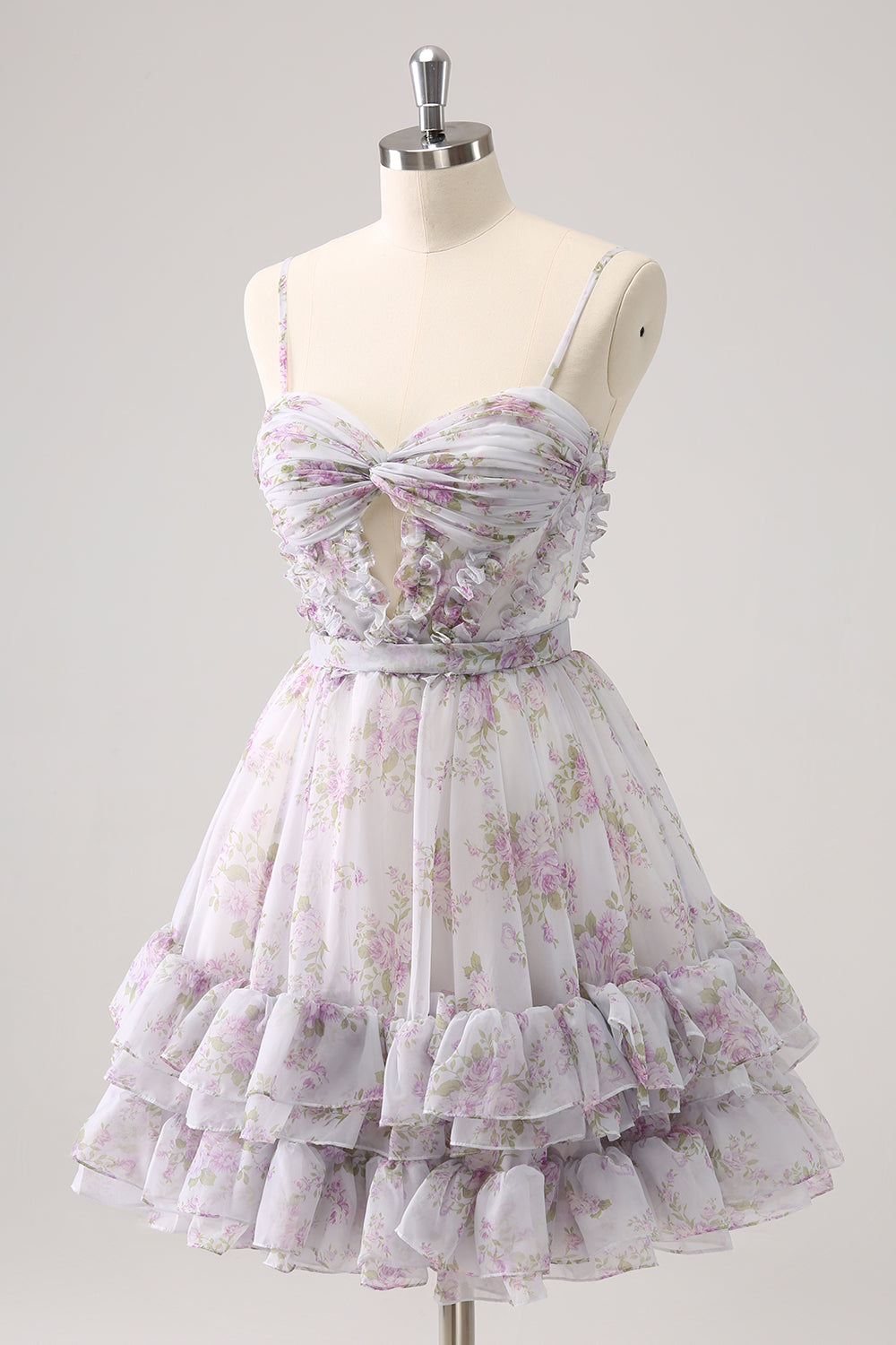 Cute Lilac A Line Cut Out Tiered Print Floral Homecoming Dress with Ruffles