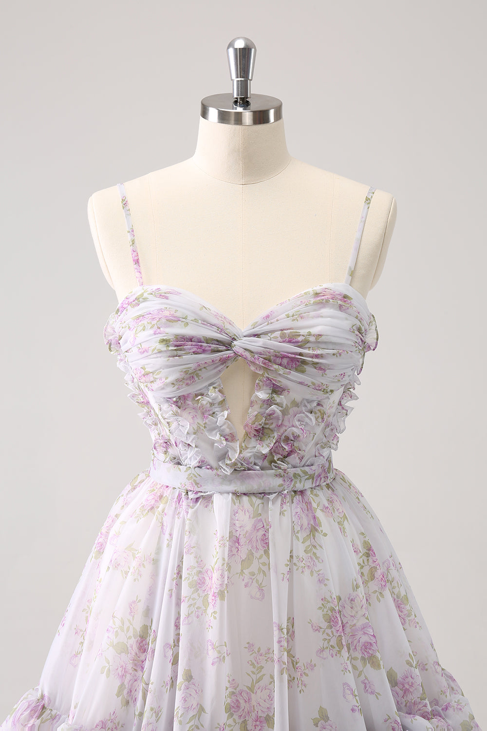 Cute Lilac A Line Cut Out Tiered Print Floral Homecoming Dress with Ruffles