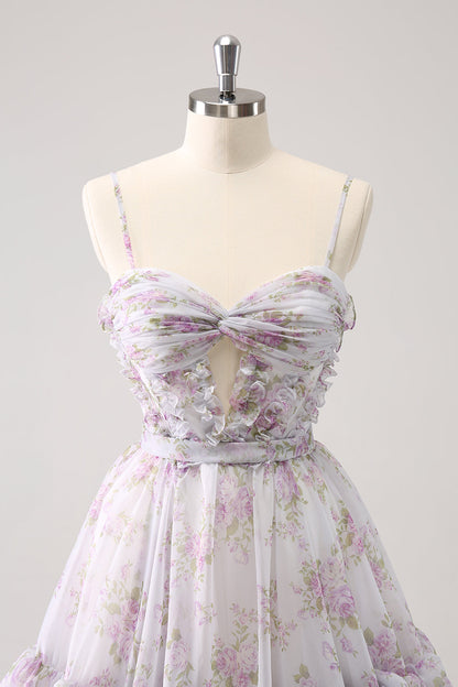 Cute Lilac A Line Cut Out Tiered Print Floral Homecoming Dress with Ruffles