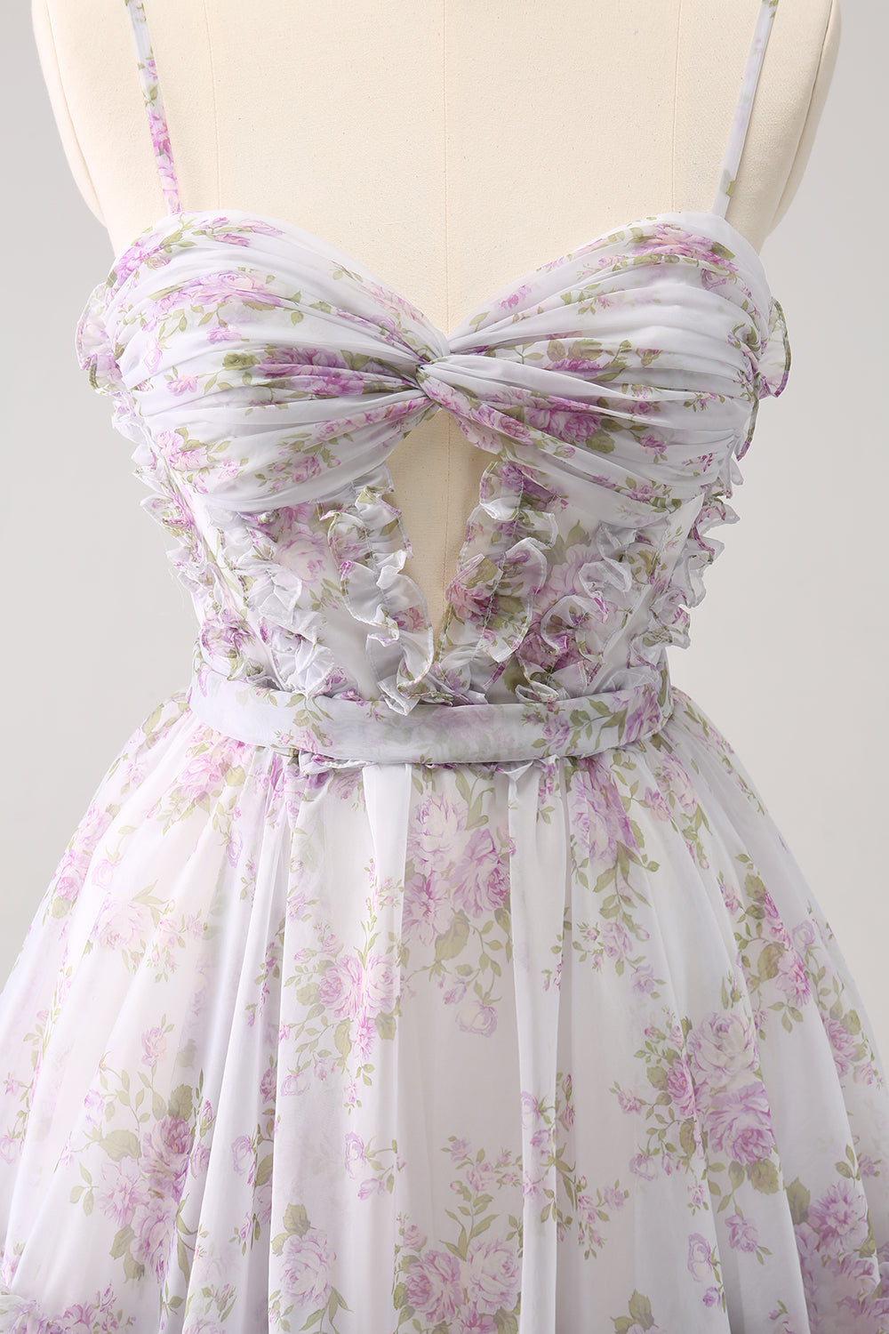 Cute Lilac A Line Cut Out Tiered Print Floral Homecoming Dress with Ruffles