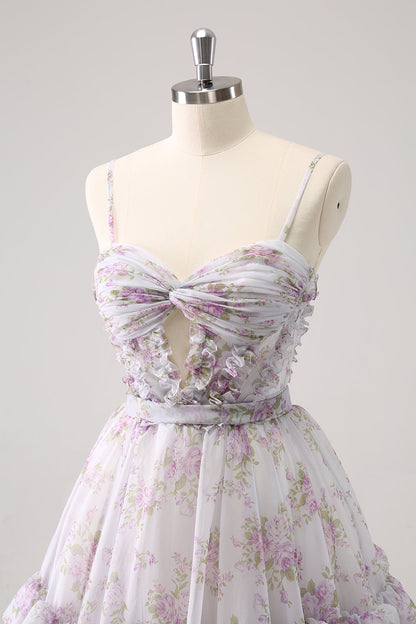 Cute Lilac A Line Cut Out Tiered Print Floral Homecoming Dress with Ruffles