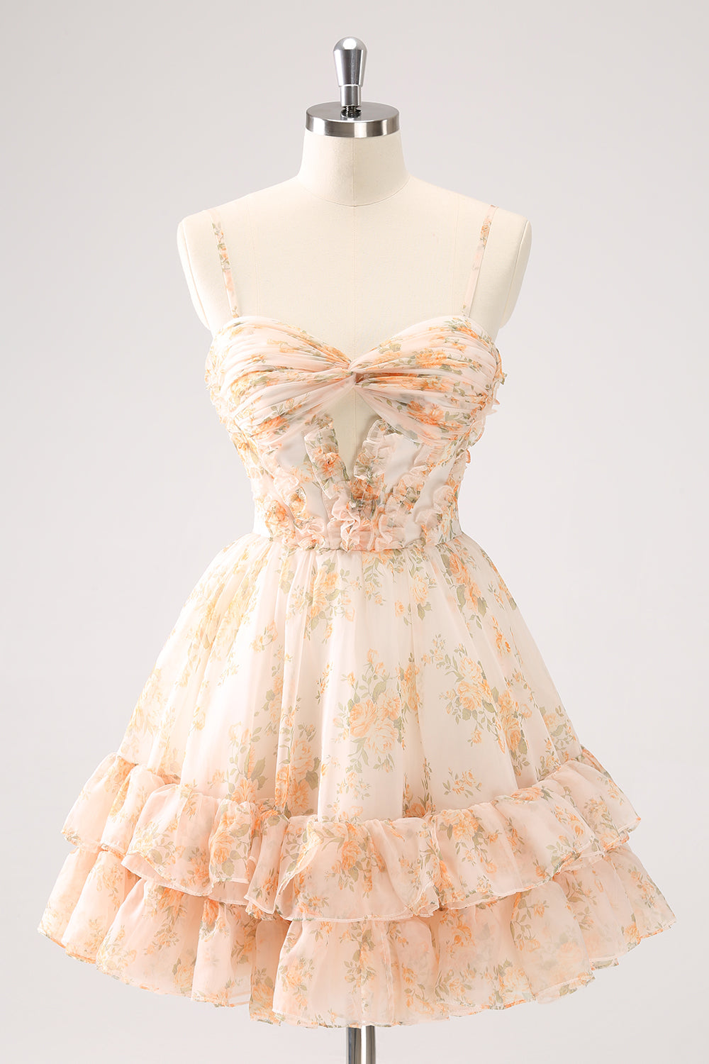 Cute Yellow A Line Cut Out Tiered Print Floral Homecoming Dress with Ruffles