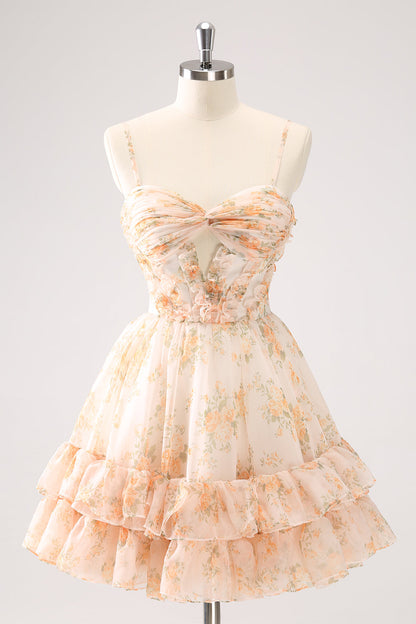 Cute Yellow A Line Cut Out Tiered Print Floral Homecoming Dress with Ruffles