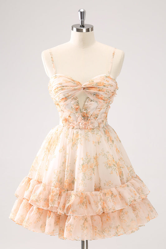 Cute Yellow A Line Cut Out Tiered Print Floral Homecoming Dress with Ruffles