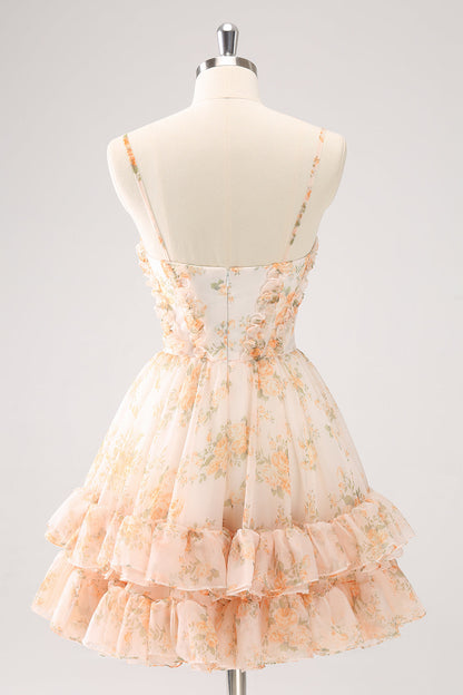 Cute Yellow A Line Cut Out Tiered Print Floral Homecoming Dress with Ruffles