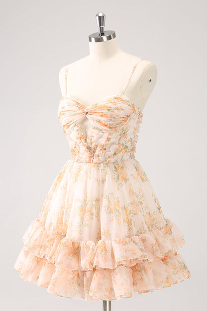 Cute Yellow A Line Cut Out Tiered Print Floral Homecoming Dress with Ruffles