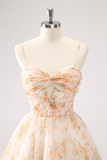 Cute Yellow A Line Cut Out Tiered Print Floral Homecoming Dress with Ruffles