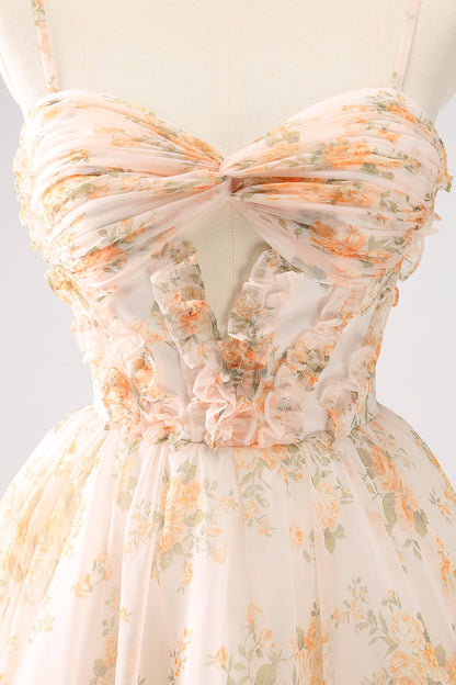 Cute Yellow A Line Cut Out Tiered Print Floral Homecoming Dress with Ruffles