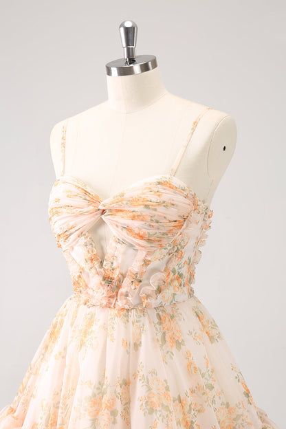 Cute Yellow A Line Cut Out Tiered Print Floral Homecoming Dress with Ruffles