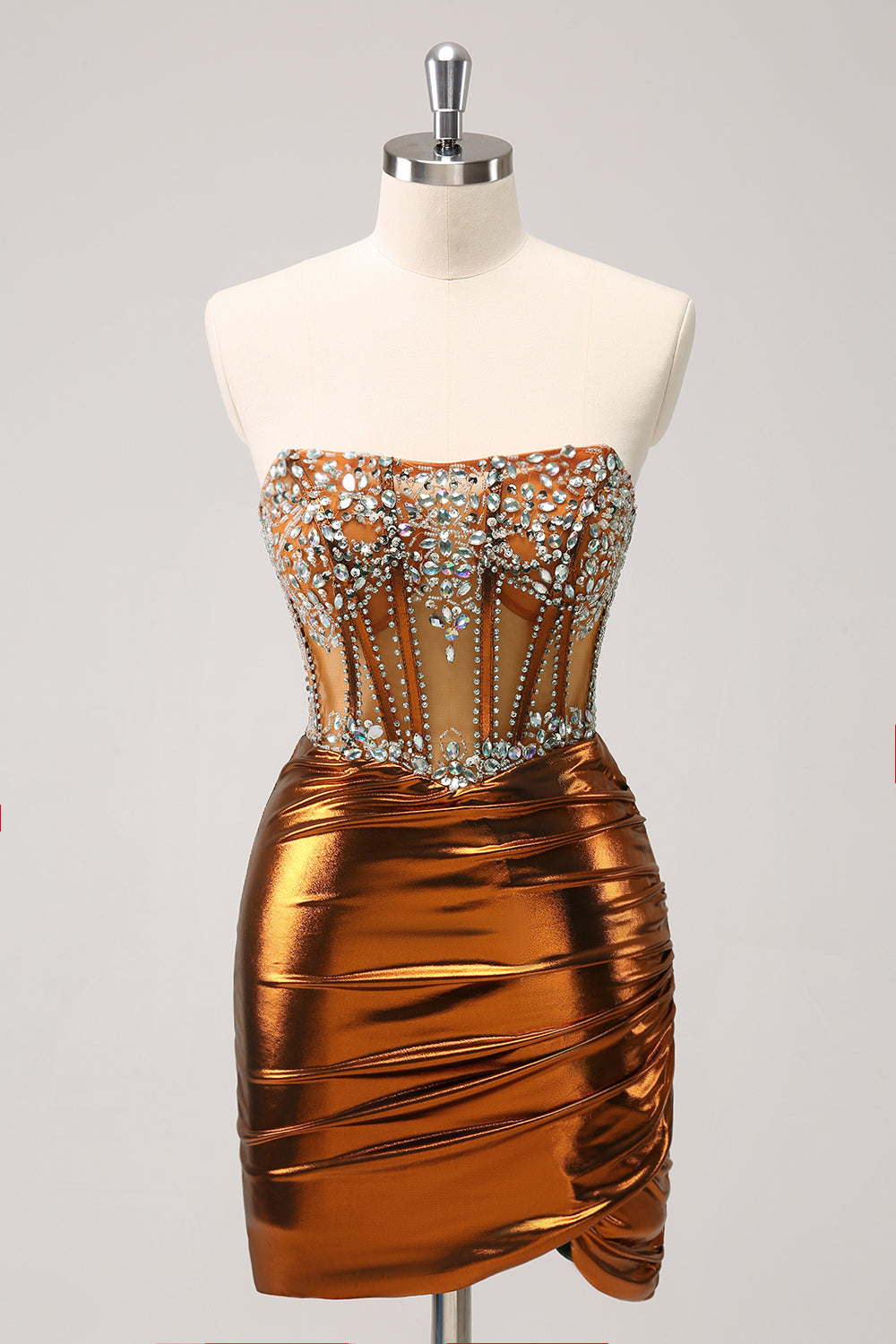 Glitter Copper Tight Strapless Corset Pleated Short Homecoming Dress with Beading