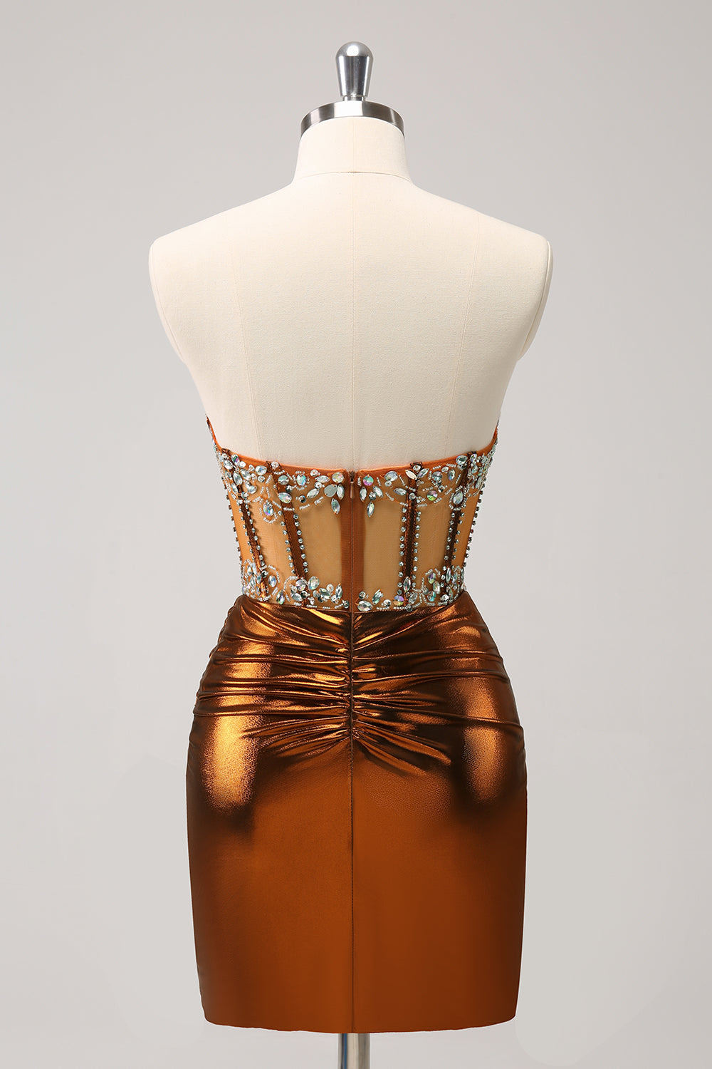 Glitter Copper Tight Strapless Corset Pleated Short Homecoming Dress with Beading