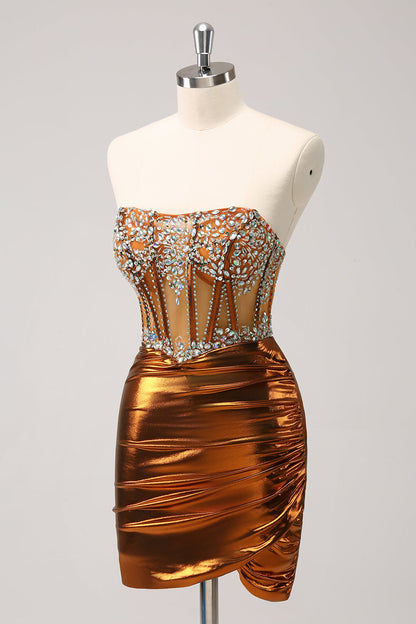 Glitter Copper Tight Strapless Corset Short Homecoming Dress with Beading