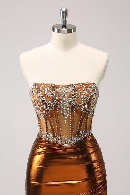 Glitter Copper Tight Strapless Corset Short Homecoming Dress with Beading