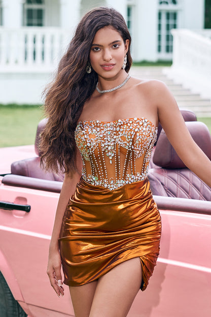 Glitter Copper Tight Strapless Corset Pleated Short Homecoming Dress with Beading