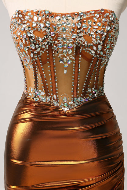 Glitter Copper Tight Strapless Corset Short Homecoming Dress with Beading