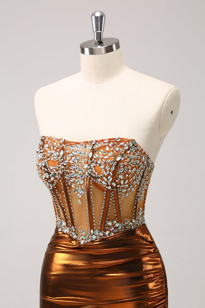 Glitter Copper Tight Strapless Corset Short Homecoming Dress with Beading