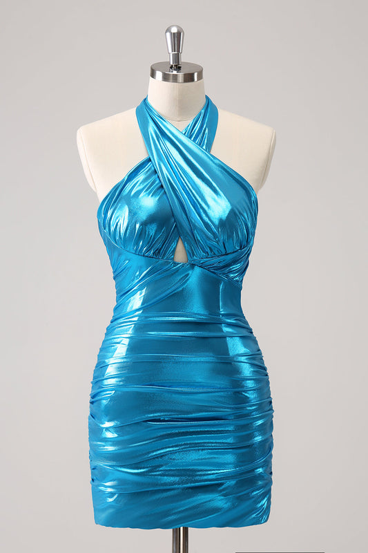 Sparkly Stylish Blue Bodycon Halter Pleated Corset Short Homecoming Dress