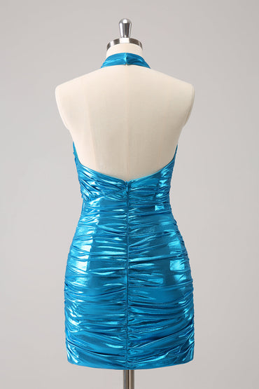 Sparkly Stylish Blue Bodycon Halter Pleated Corset Short Homecoming Dress