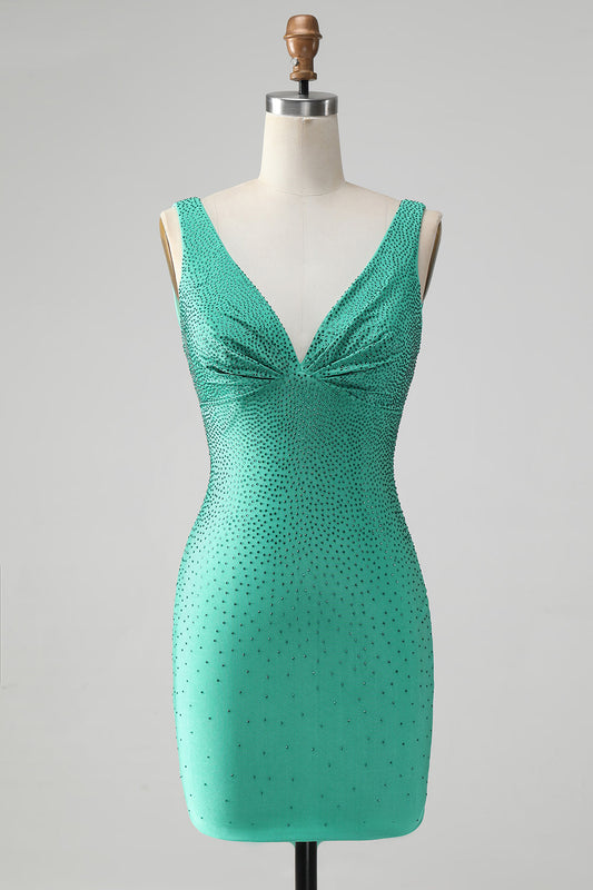 Chic Bodycon V Neck Backless Short Green Homecoming Dress with Beading