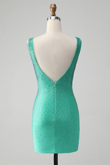 Chic Bodycon V Neck Backless Short Green Homecoming Dress with Beading