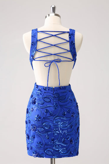 Sparkly Royal Blue Tight Hollow Out Sequin Short Homecoming Dress with Lace Up Back